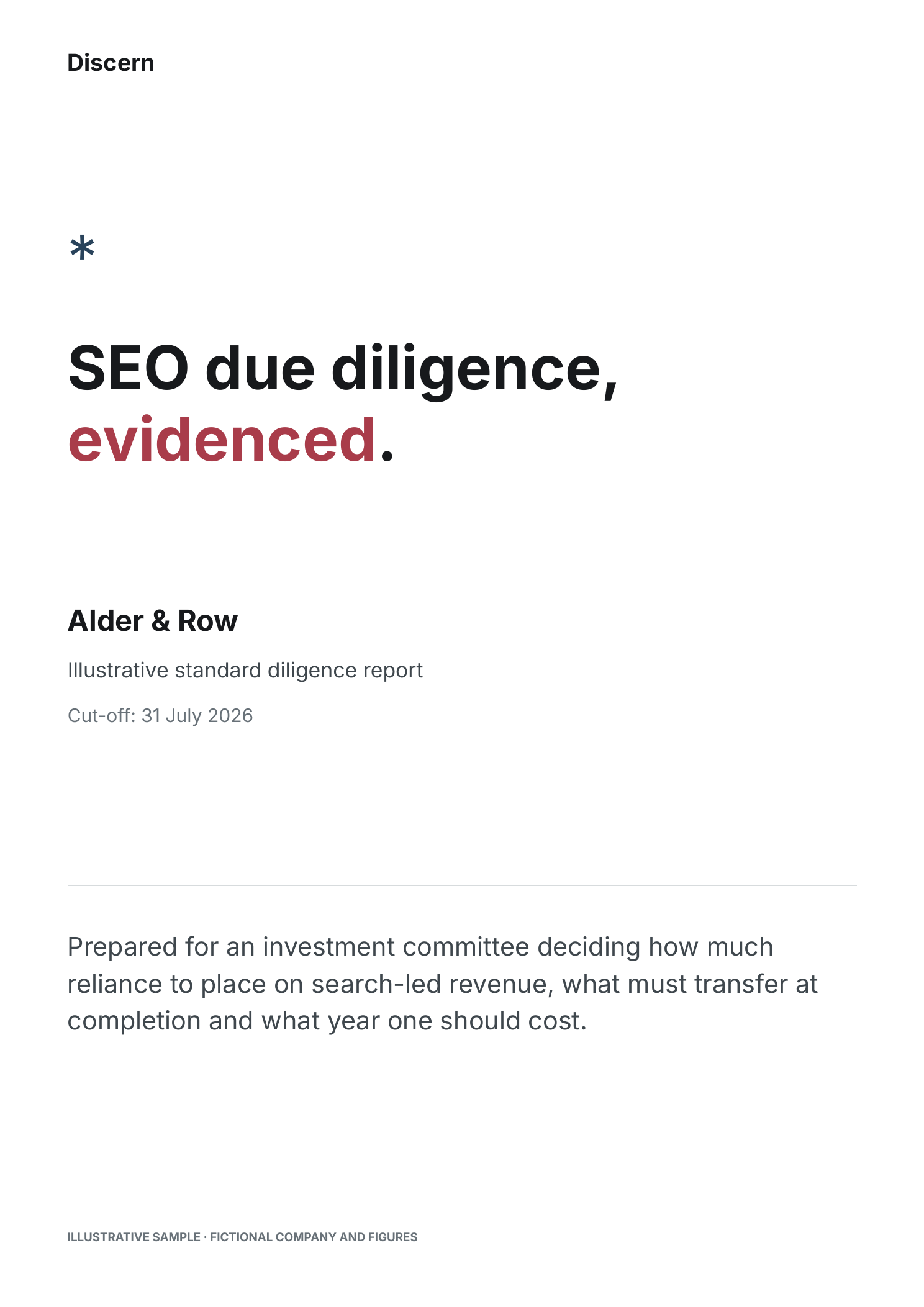 Cover of the Discern illustrative SEO due diligence report